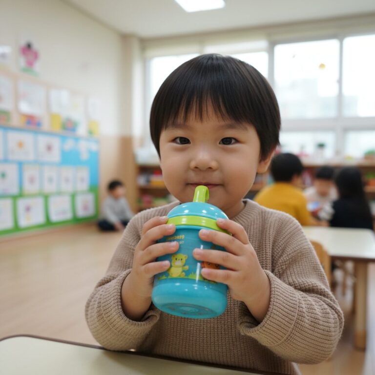 아이가 유치원 물컵을 두 손으로 편안하게 쥐고 있는 모습