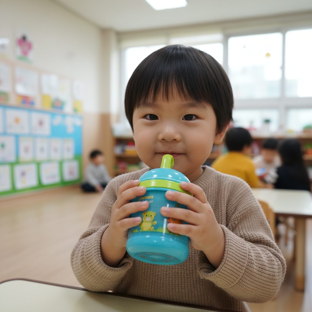 아이가 유치원 물컵을 두 손으로 편안하게 쥐고 있는 모습