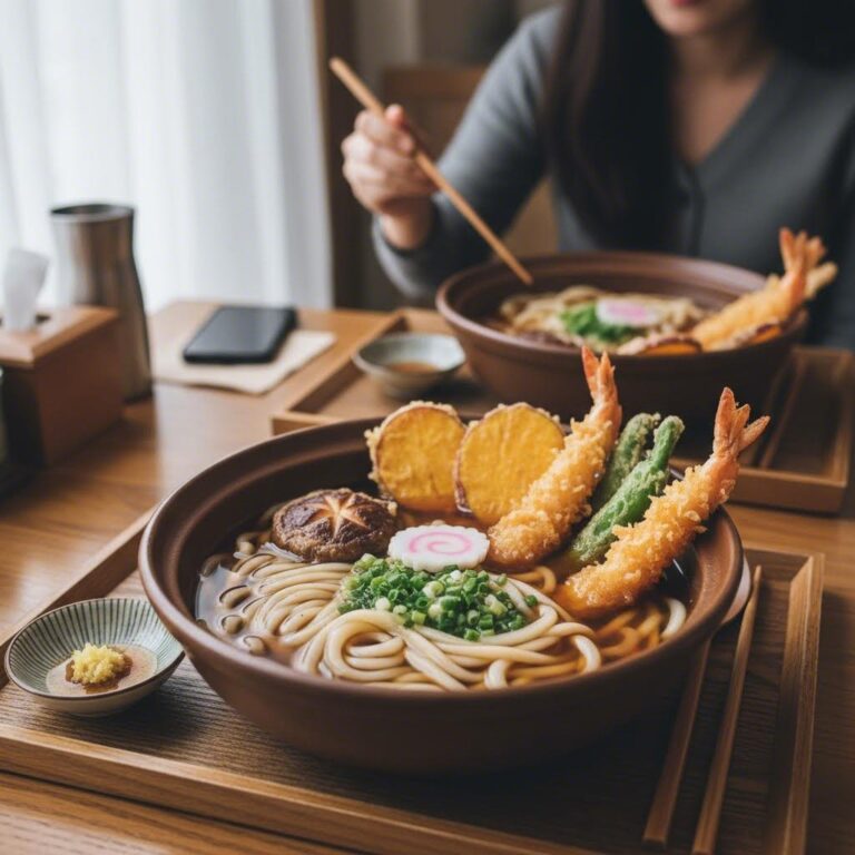 접시에 담긴 진한 국물의 다카마츠 우동과 다양한 튀김