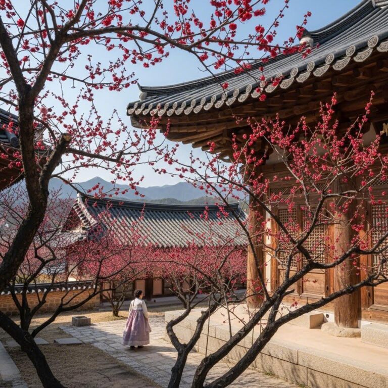 양산 통도사 은당 앞에 핀 붉은 매화꽃과 전통 한옥 기와지붕