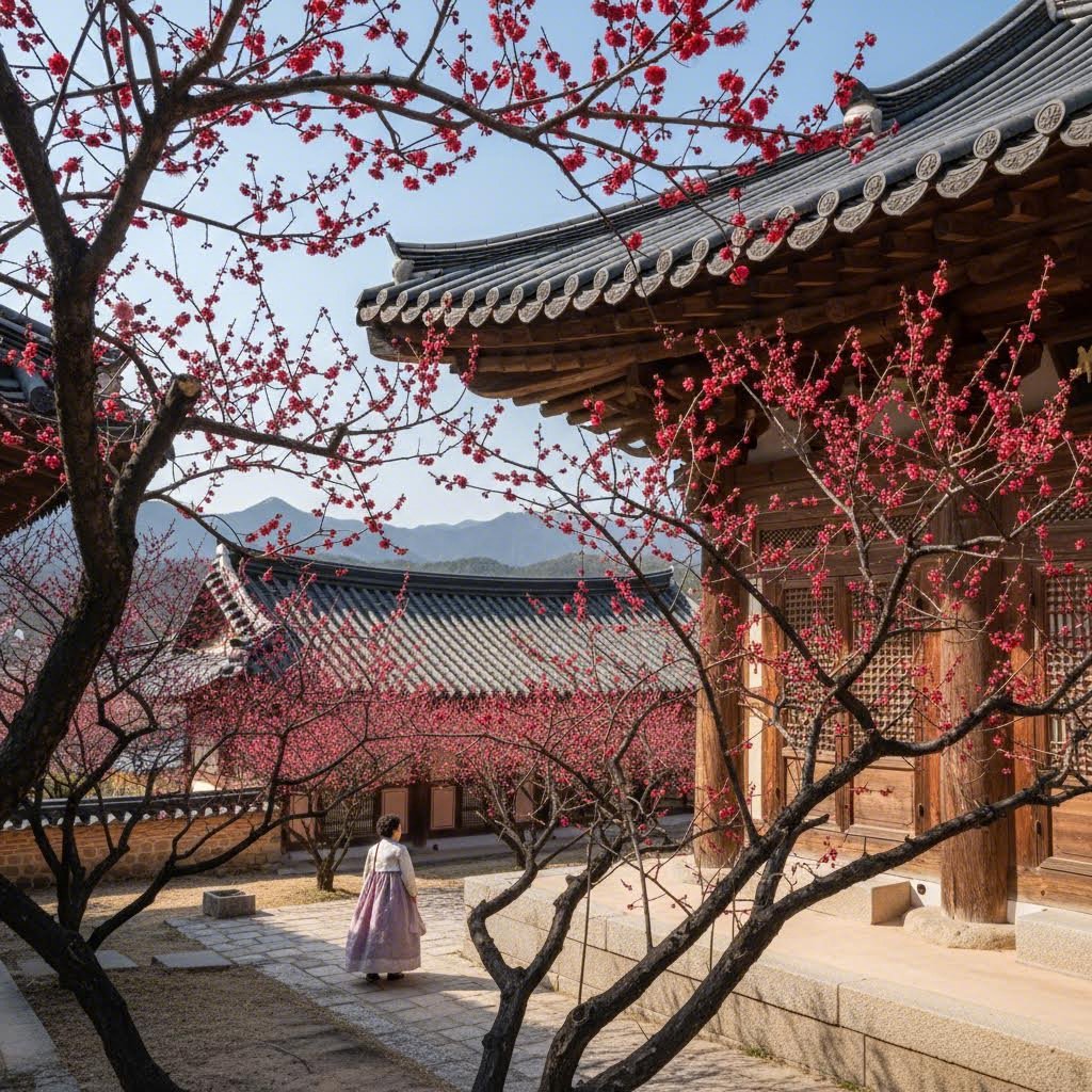 양산 통도사 은당 앞에 핀 붉은 매화꽃과 전통 한옥 기와지붕