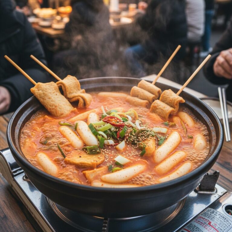 떡국떡과 어묵이 매콤한 국물에 끓고 있는 모습