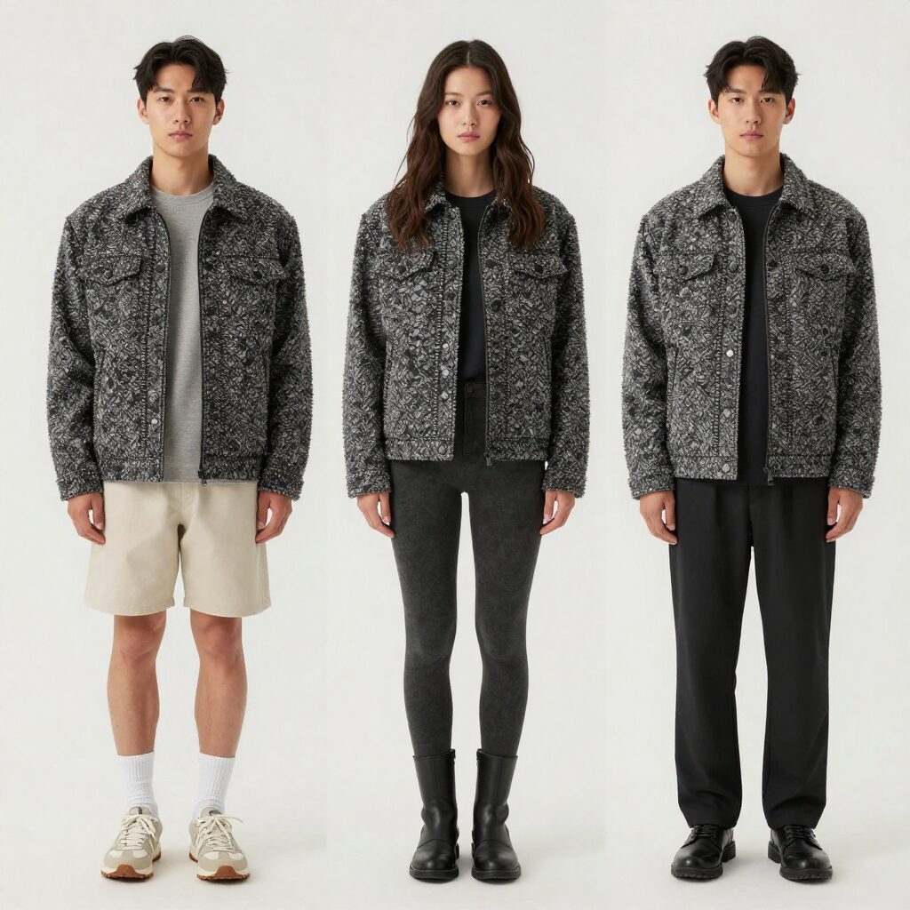 스트레이트 체형과 웨이브 체형을 위한 트위드 자켓 스타일링 예시