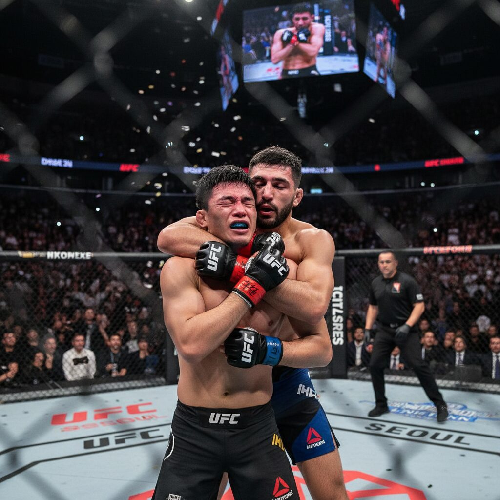 아르만 차루키안이 상대를 리어 네이키드 초크로 제압하는 장면