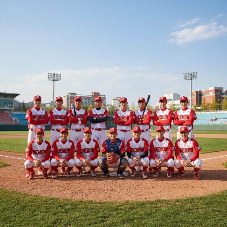 고려대학교 야구동아리 데몽 선수들이 그라운드에서 포즈를 취한 단체 사진
