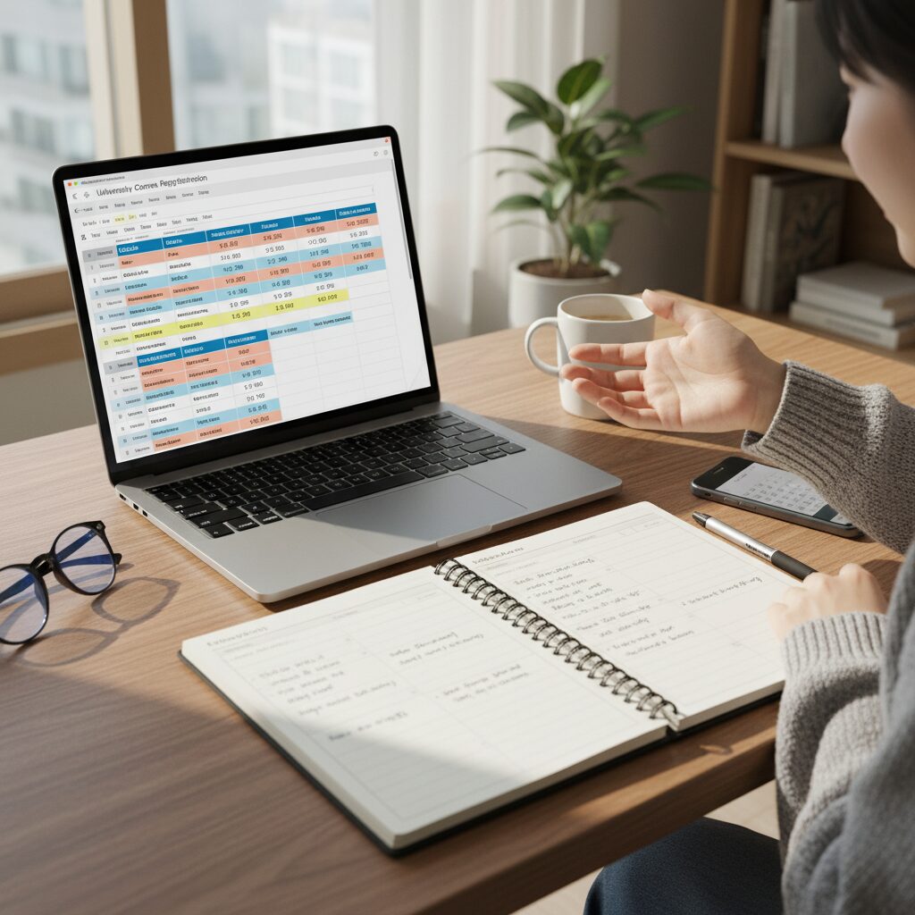 노트북 화면에 펼쳐진 수강신청 시간표와 플래너