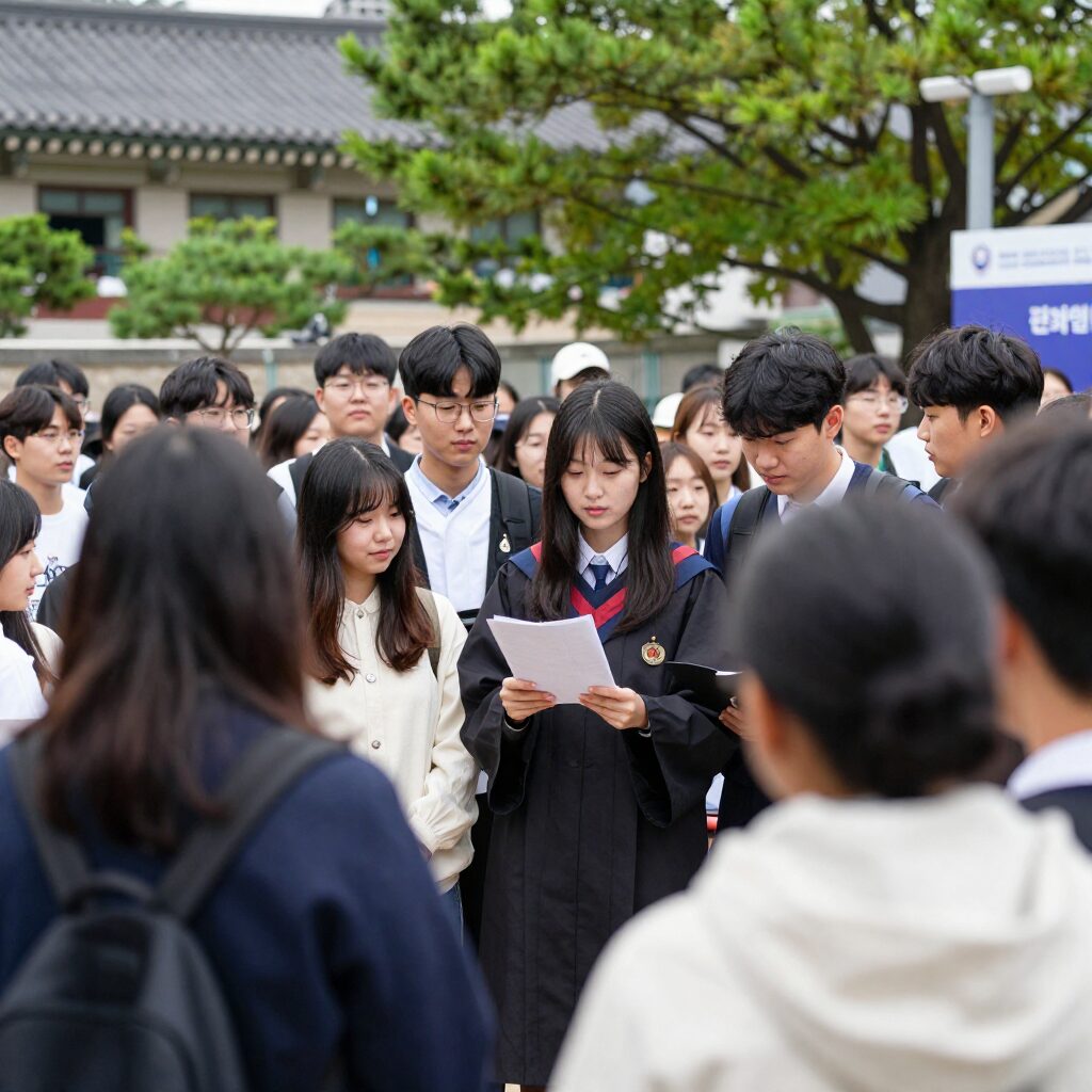 대학교 입학식 현장에서 학생과 가족들이 함께 기념 사진을 찍는 모습