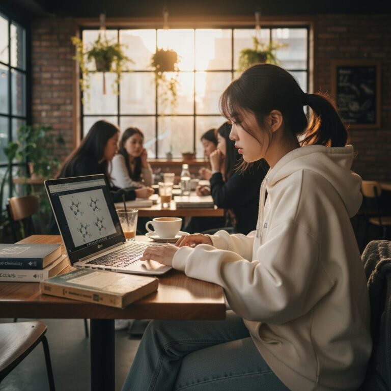 대학 신입생이 카페에서 LG 그램 노트북으로 공부하는 모습