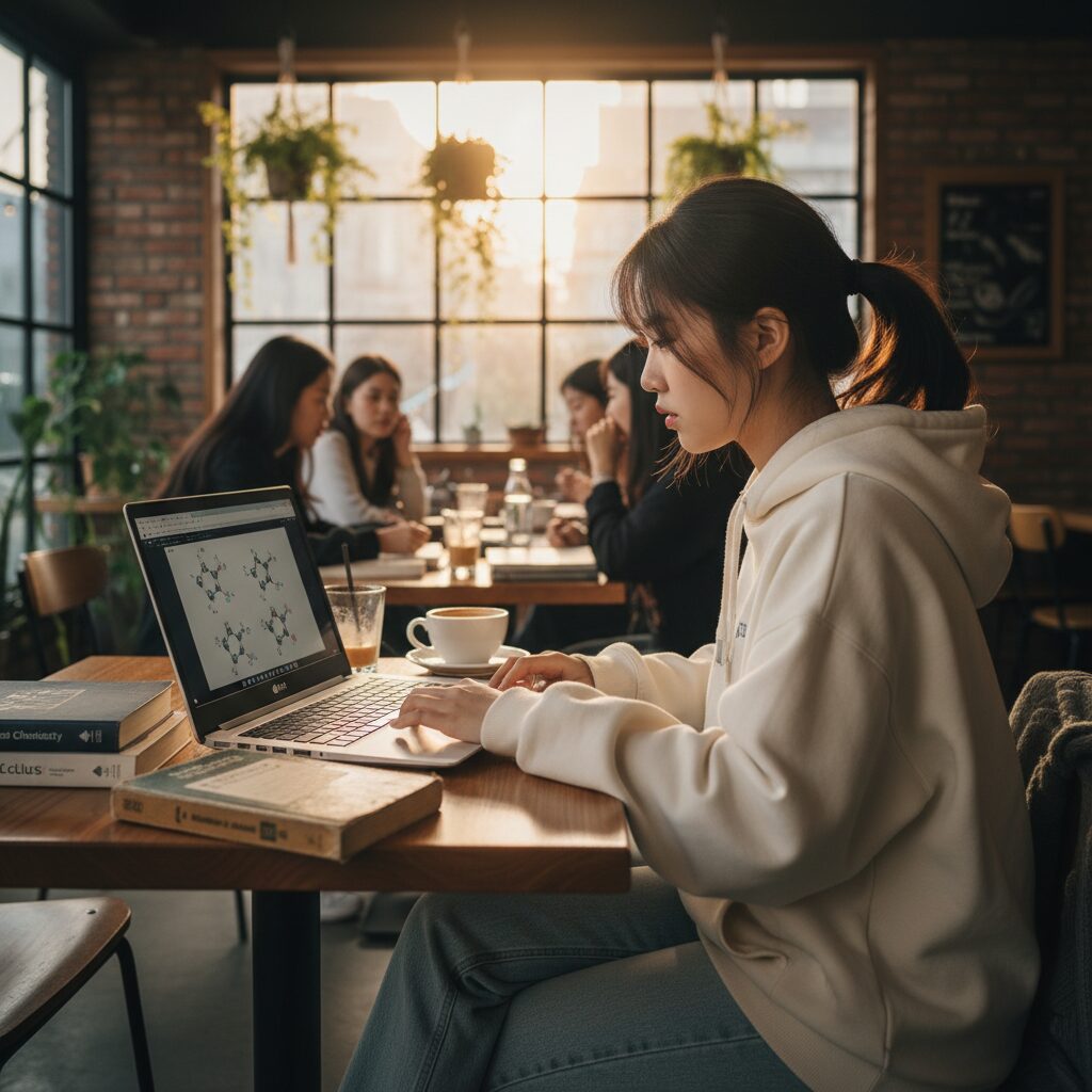 대학 신입생이 카페에서 LG 그램 노트북으로 공부하는 모습