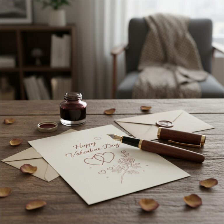 발렌타인데이 카드와 펜이 놓여 있는 모습