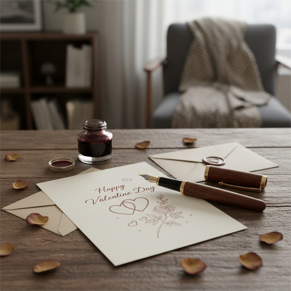 발렌타인데이 카드와 펜이 놓여 있는 모습