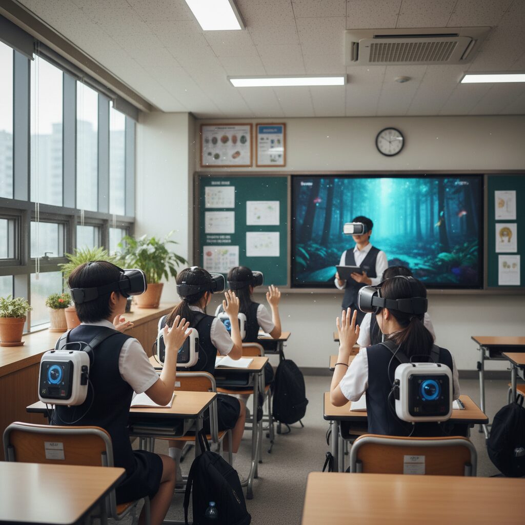 교실에서 학생들이 VR 헤드셋을 쓰고 360도 생물학 수업을 체험하는 모습