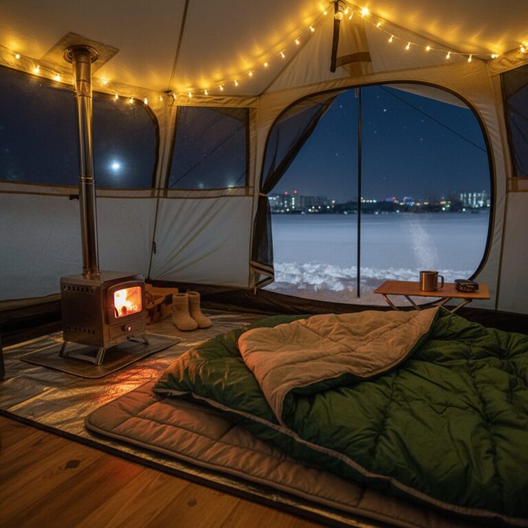 겨울 캠핑 텐트 내부에 설치된 캠핑 난로와 전기장판 위에 두꺼운 침낭이 준비되어 있는 모습