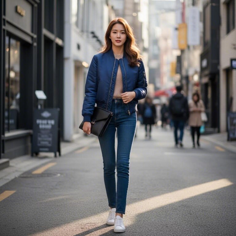 여성이 블루종 아우터와 클러치백을 코디한 스타일 사진