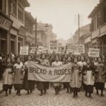 1908년 뉴욕 여성 노동자들이 빵과 장미를 요구하며 시위하는 역사적 장면