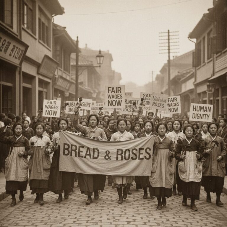 1908년 뉴욕 여성 노동자들이 빵과 장미를 요구하며 시위하는 역사적 장면