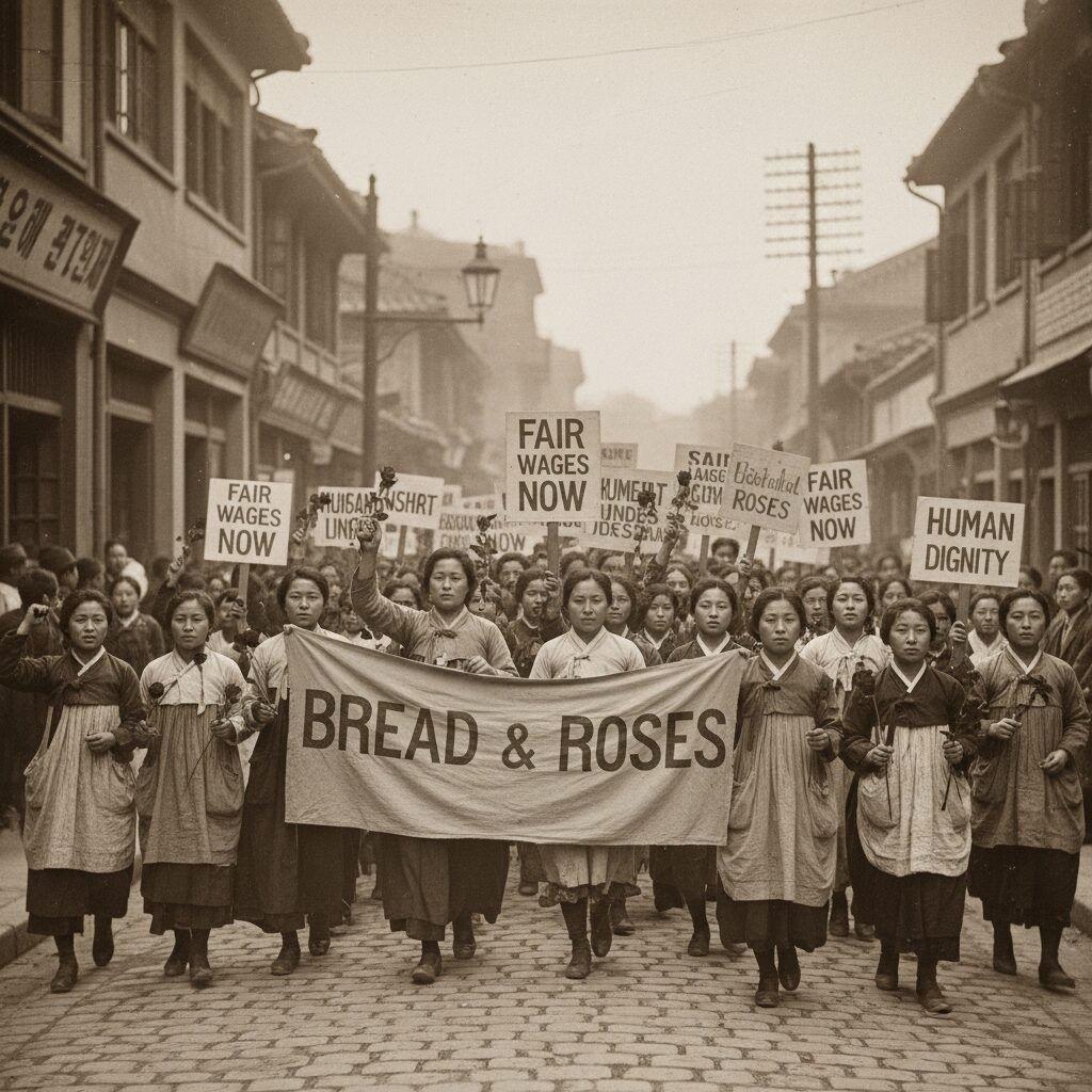 1908년 뉴욕 여성 노동자들이 빵과 장미를 요구하며 시위하는 역사적 장면