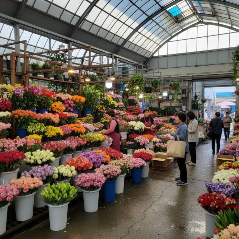 양재 꽃시장 내부에 다양한 생화가 진열된 모습
