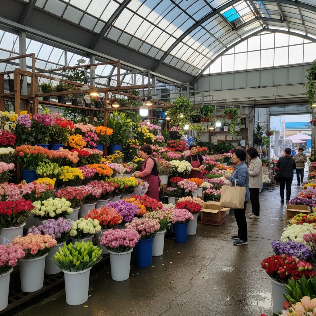 양재 꽃시장 내부에 다양한 생화가 진열된 모습