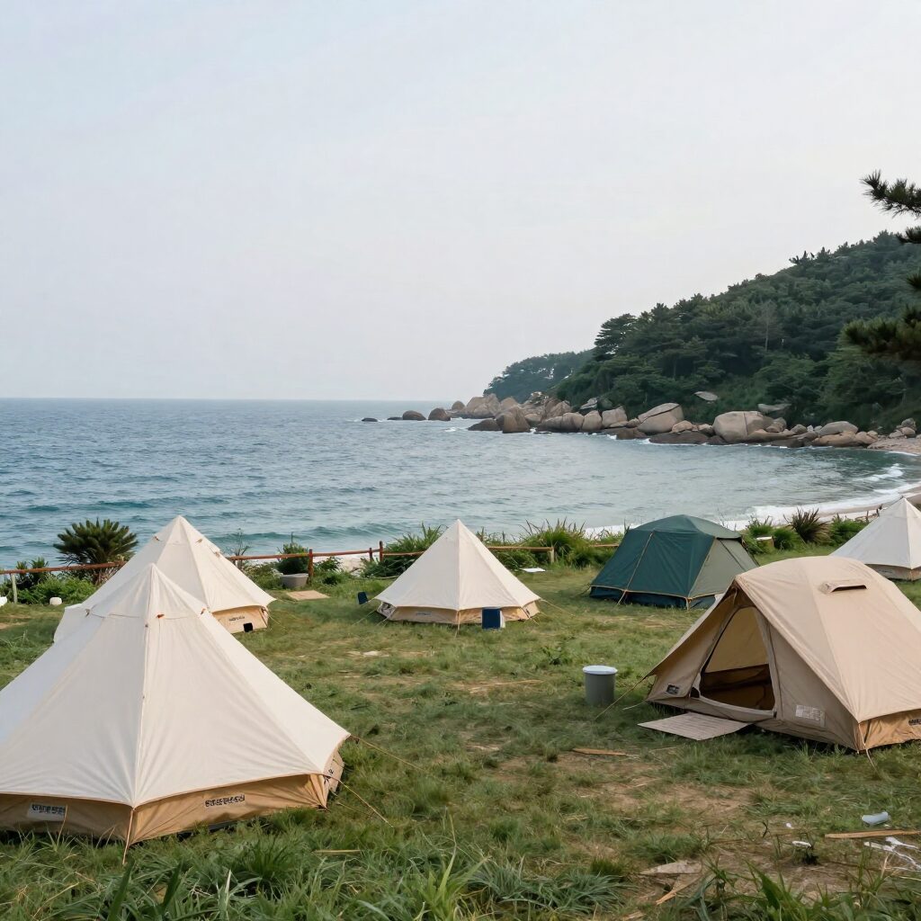 영덕 오토캠핑장에서 바라본 넓은 오션뷰와 캠핑사이트 전경