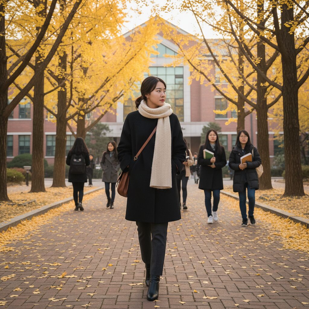 키 165cm 여성이 착용한 블랙 하이넥 울 쇼트 코트로 연세대 캠퍼스에서 걸어다니는 모습