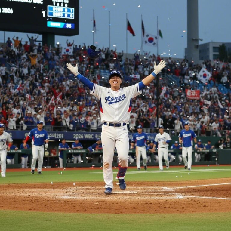 2026 WBC 한국 대표팀 문보경 만루홈런 후 베이스 터치하며 환호하는 장면