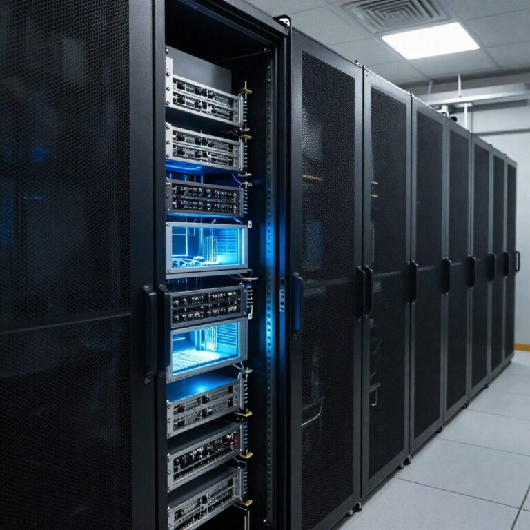 AI 데이터센터 내부 서버 랙과 네트워크 장비가 빛나는 모습