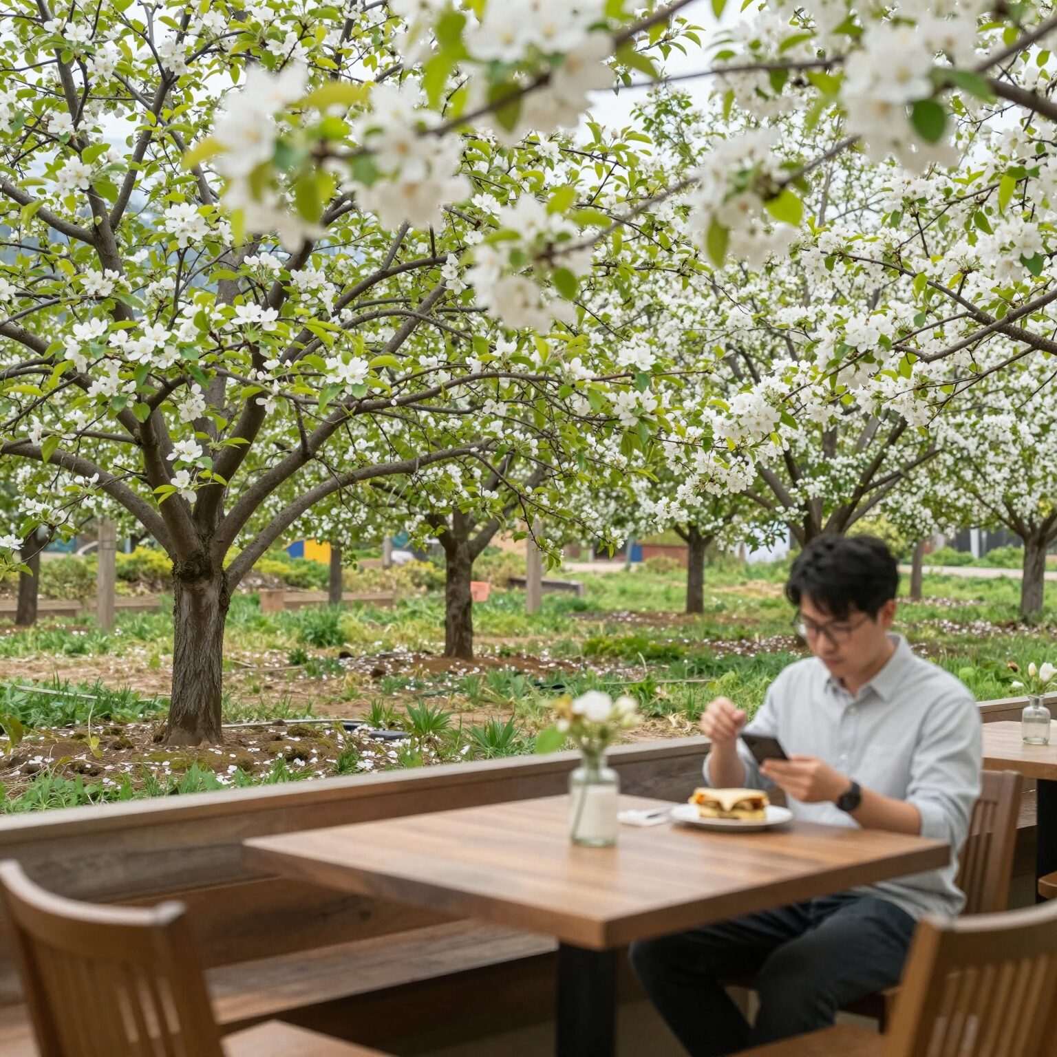 거창 해플스 팜사이더리 카페에서 바라본 사과 과수원 전경, 하얀 사과꽃과 초록 나무가 어우러진 봄 풍경