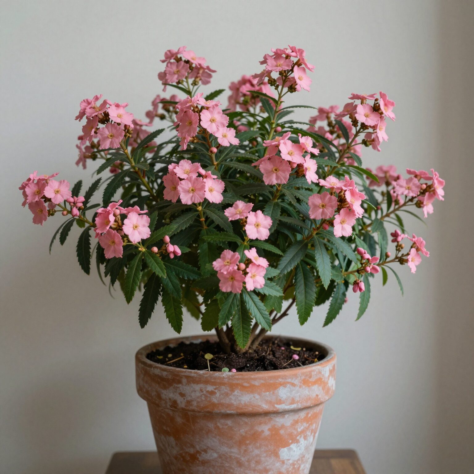 분홍색 꽃이 핀 호주매화 마누카 화분 실내 인테리어