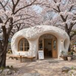 천안 직산 배나무숲 카페의 배꽃이 만개한 야외 정원과 독특한 건물 외관