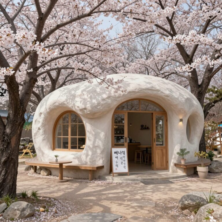 천안 직산 배나무숲 카페의 배꽃이 만개한 야외 정원과 독특한 건물 외관