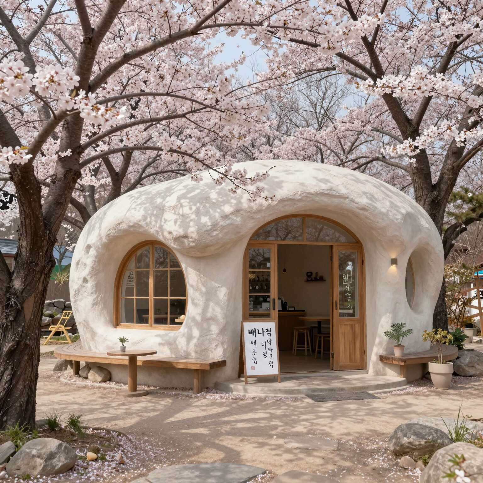 천안 직산 배나무숲 카페의 배꽃이 만개한 야외 정원과 독특한 건물 외관