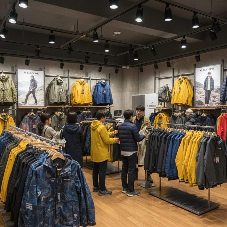 블랙야크 아울렛 매장 내부 다양한 봄 자켓 진열 모습