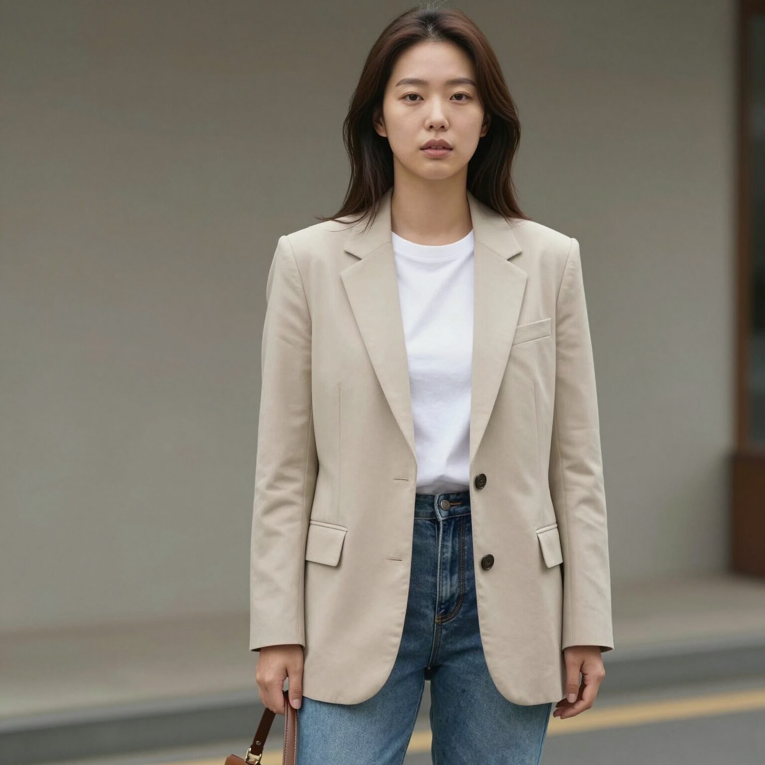 여성이 베이지색 블레이저 자켓을 입고 청바지와 함께 캐주얼하게 스타일링한 모습