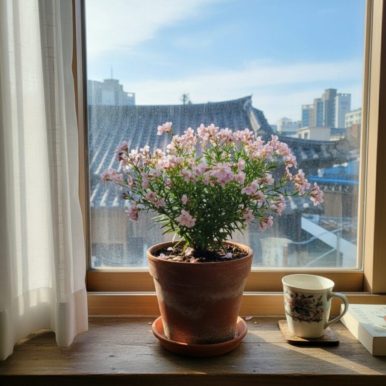 창가에 놓인 보로니아 피나타 화분, 은은한 핑크색 꽃이 피어 있음