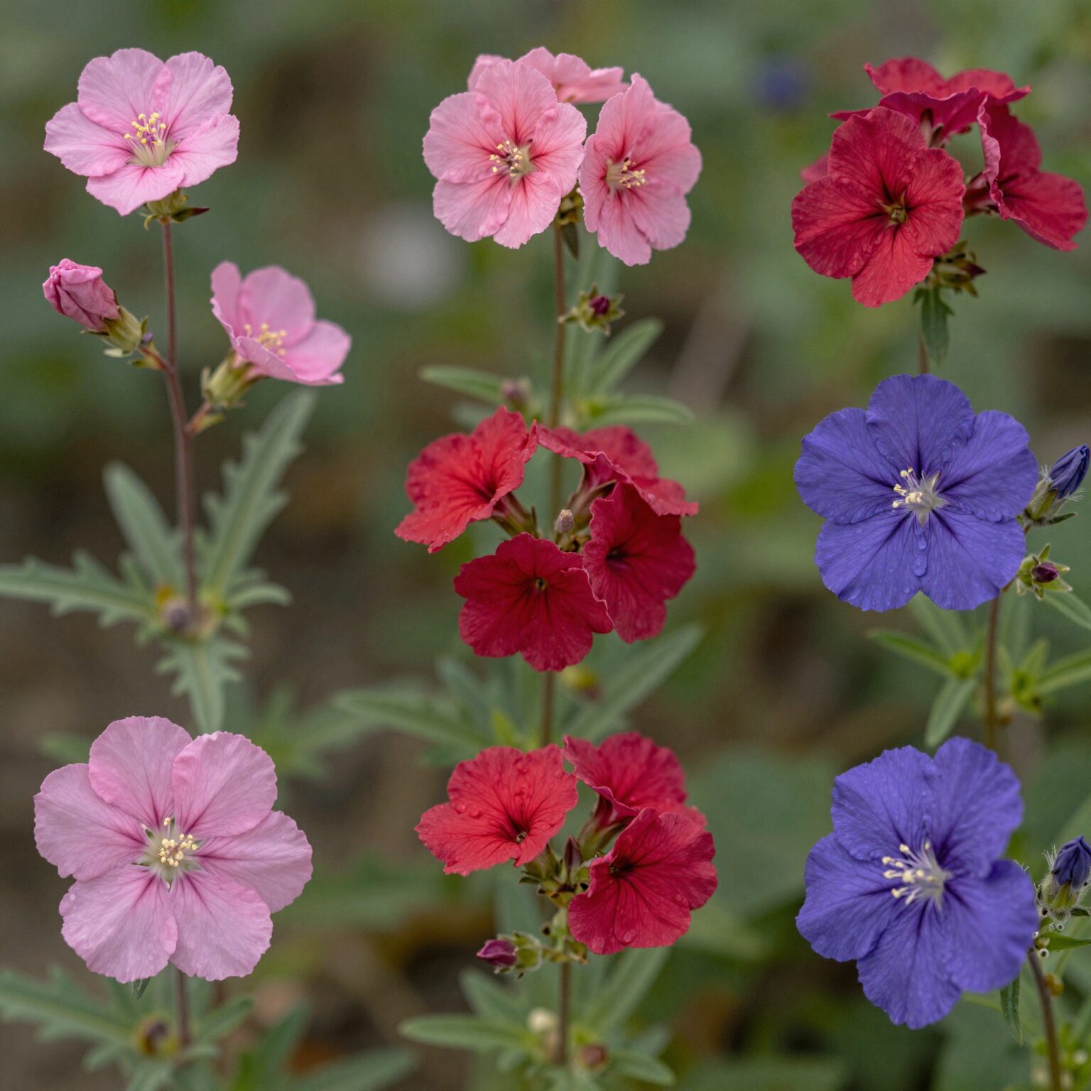 보르니아의 다양한 품종 비교 사진. 분홍색, 루비색, 자주색 꽃을 피운 모습