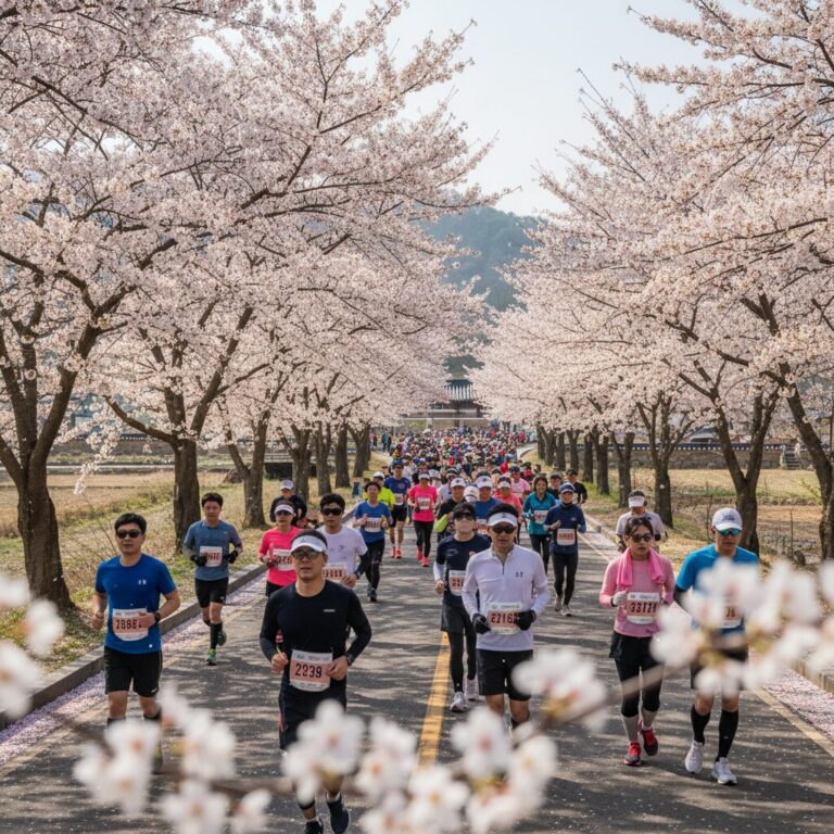 예산 벚꽃마라톤 코스를 따라 늘어선 벚나무와 달리는 참가자들
