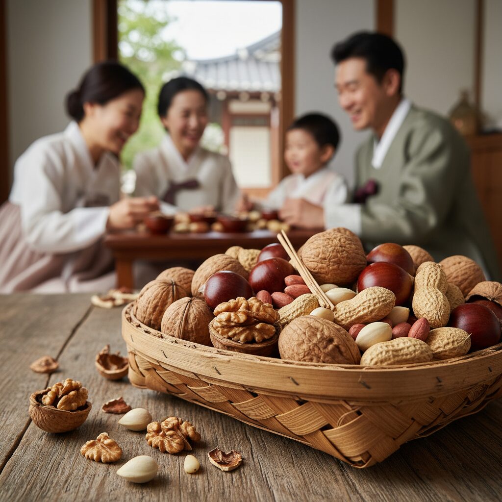 정월대보름 부럼 깨기용 호두 밤 잣 땅콩 은행 등 다양한 견과류가 나무 바구니에 담겨 있음