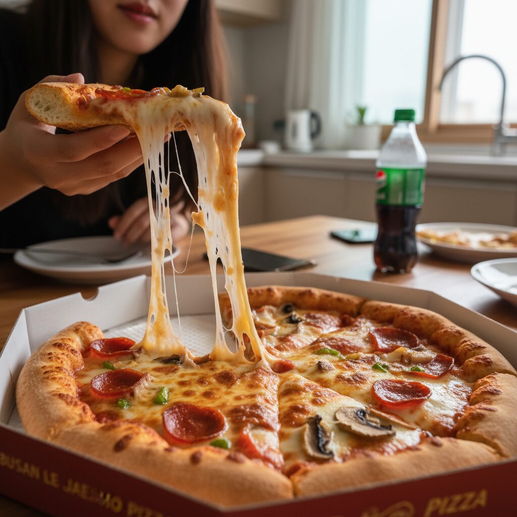 부산 이재모피자의 치즈가 쫄깃하게 늘어나는 모습