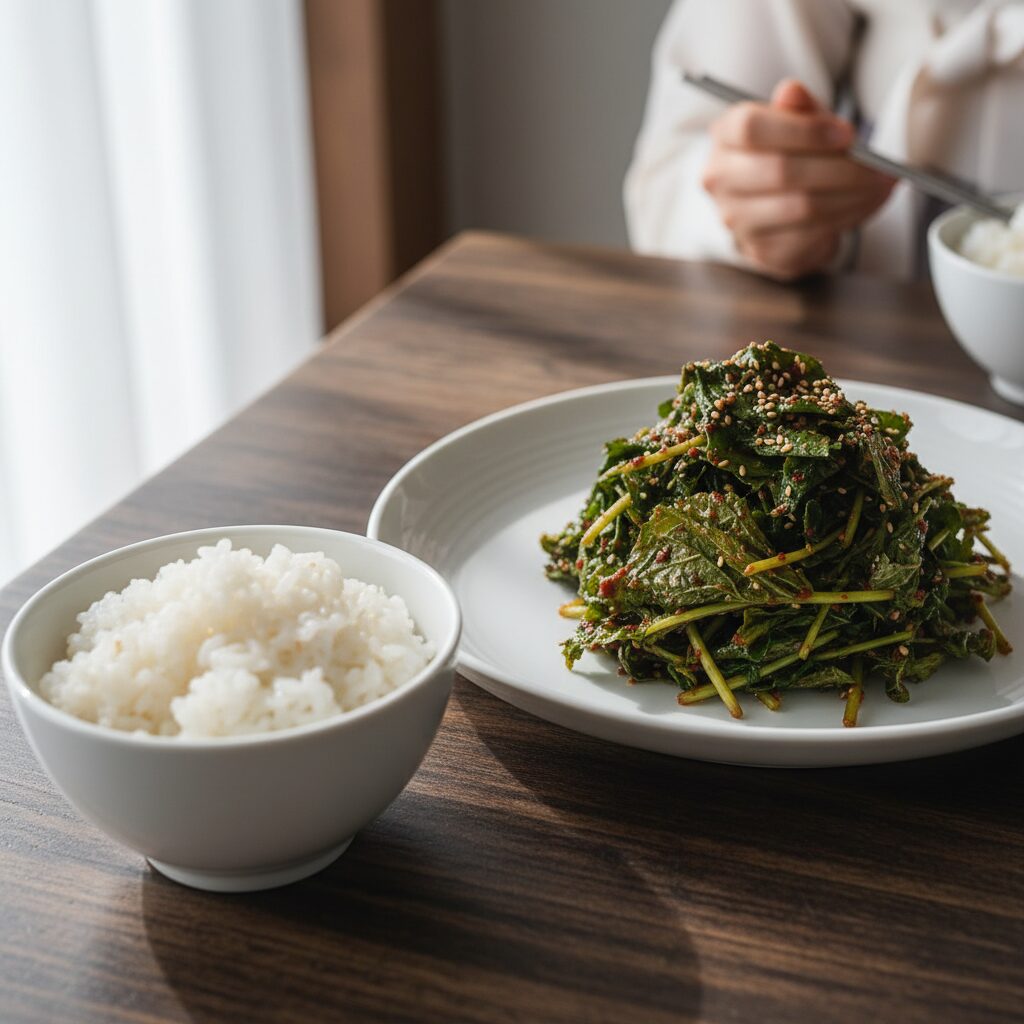 접시에 담긴 머위나물무침과 밥 한 공기