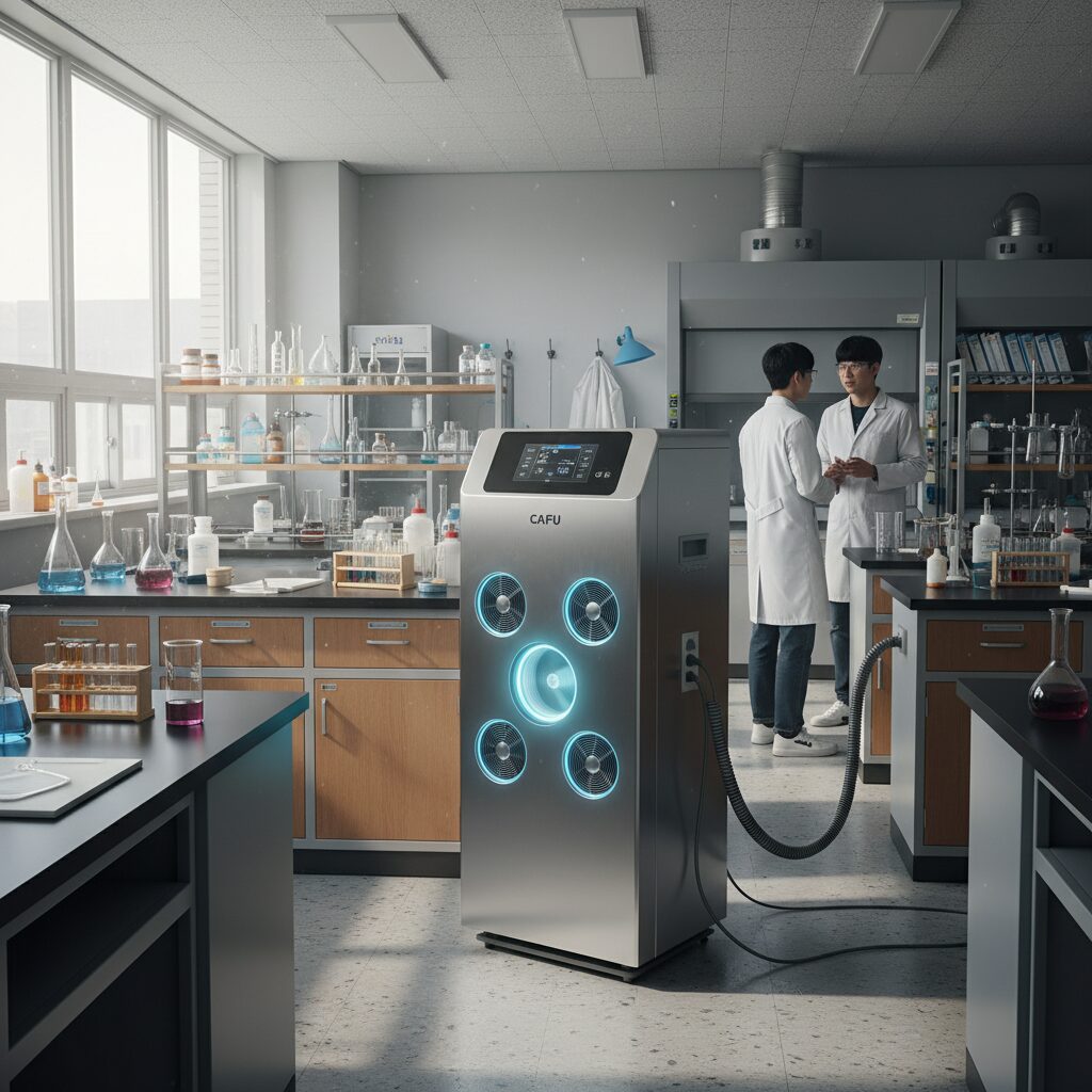 대형 공기정화장치 CAFU A18이 화학 실험실 구석에 설치된 모습