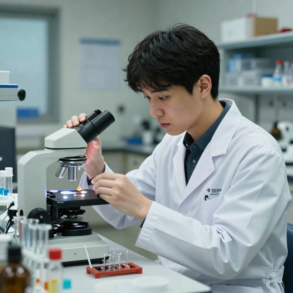 연구실에서 칸나비노이드 성분을 분석하는 과학자의 모습