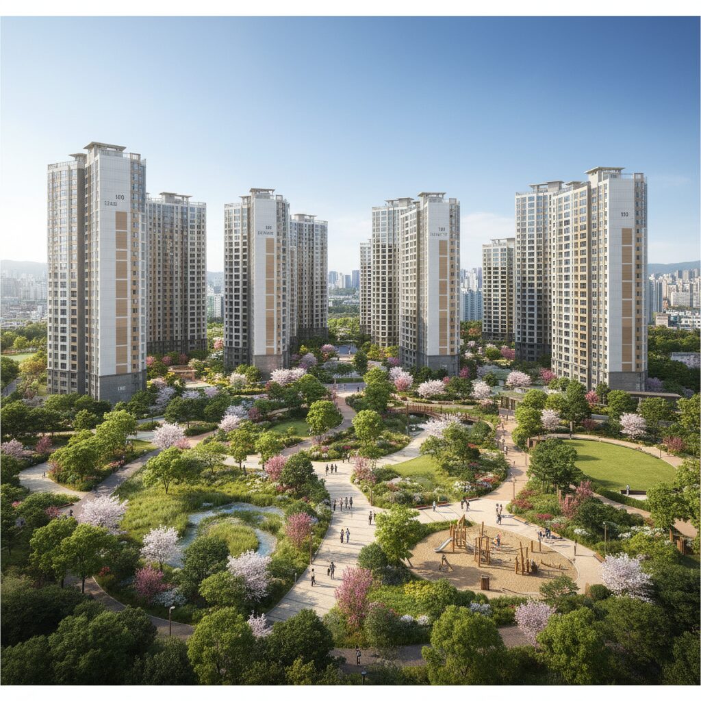 천안 아이파크시티 6단지 조감도와 단지 내 공원 조경