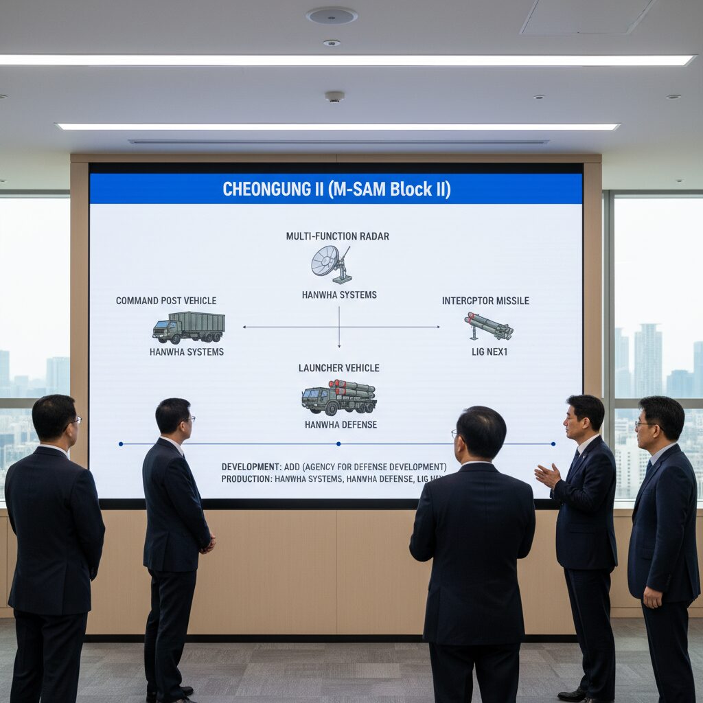 천궁2 지대공 미사일 방어 체계의 구성 요소와 주요 제조사를 보여주는 인포그래픽