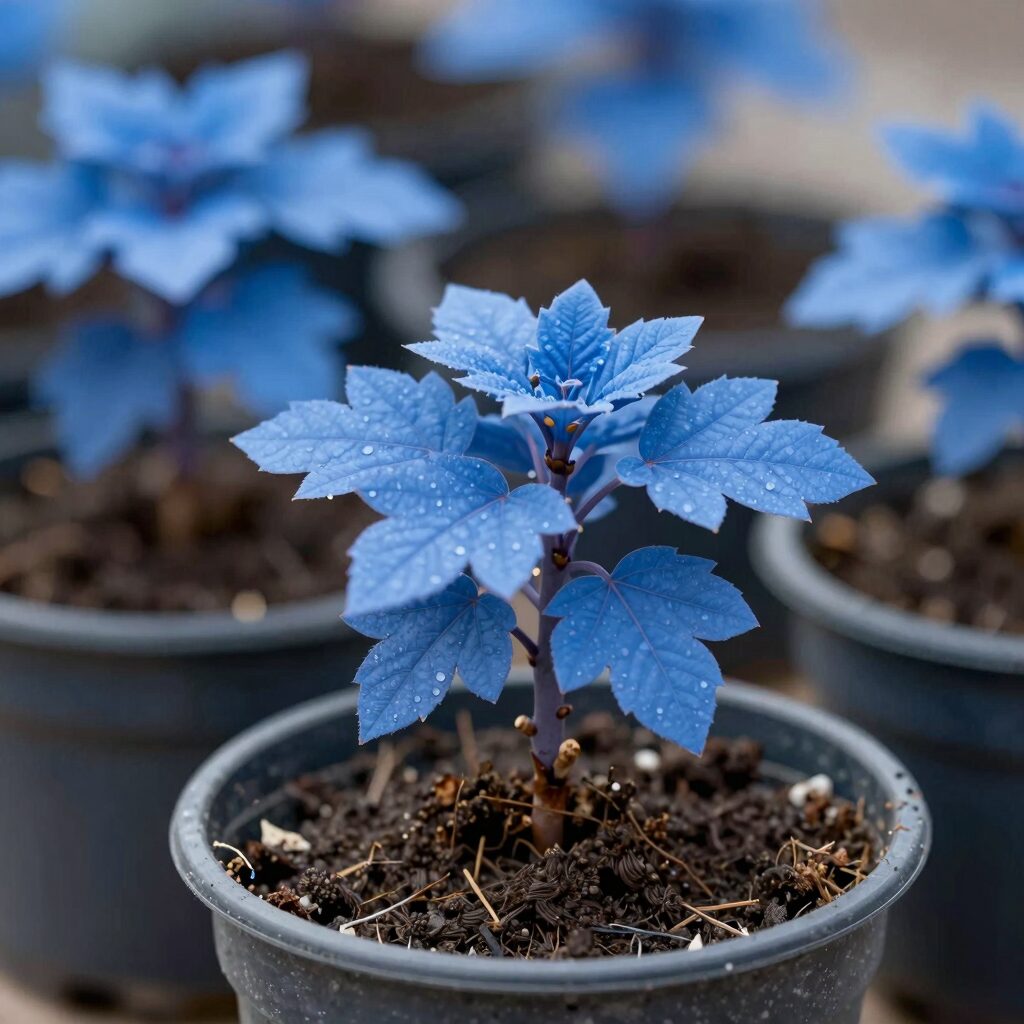 화분에 심겨진 어린 벚꽃 묘목이 푸른 잎을 펼치고 있는 모습
