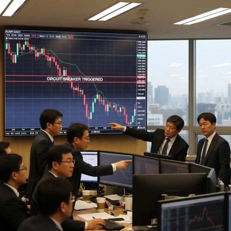 코스피 일간 급락 차트와 서킷브레이커 발동 시점 표시
