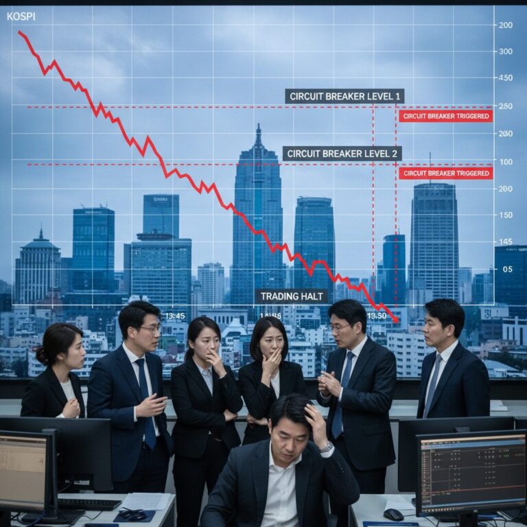 코스피 지수 급락과 서킷브레이크 발동 시점을 보여주는 차트
