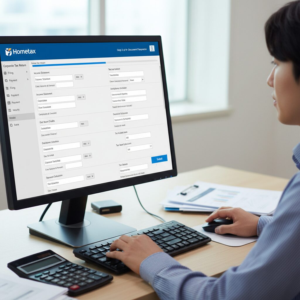 홈택스에서 법인세 신고서 작성 및 제출하는 과정을 보여주는 화면 이미지