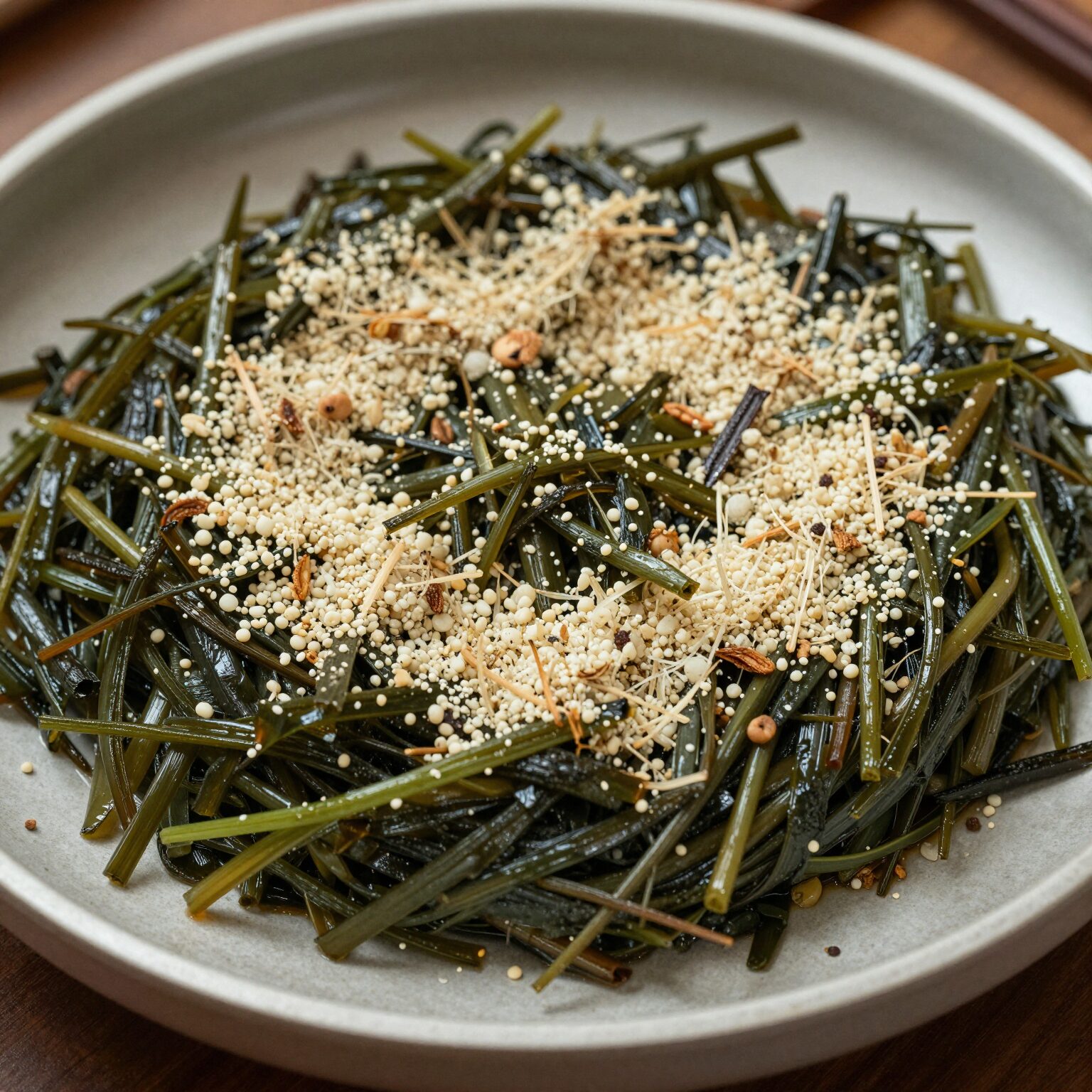 접시에 담긴 완성된 달래오이무침, 통깨가 뿌려져 있다