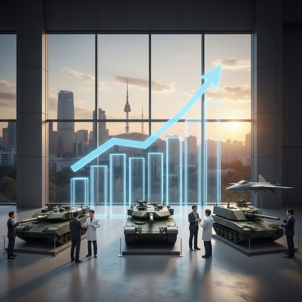 방산 산업의 성장 그래프와 한국 방산 기업의 제품 이미지